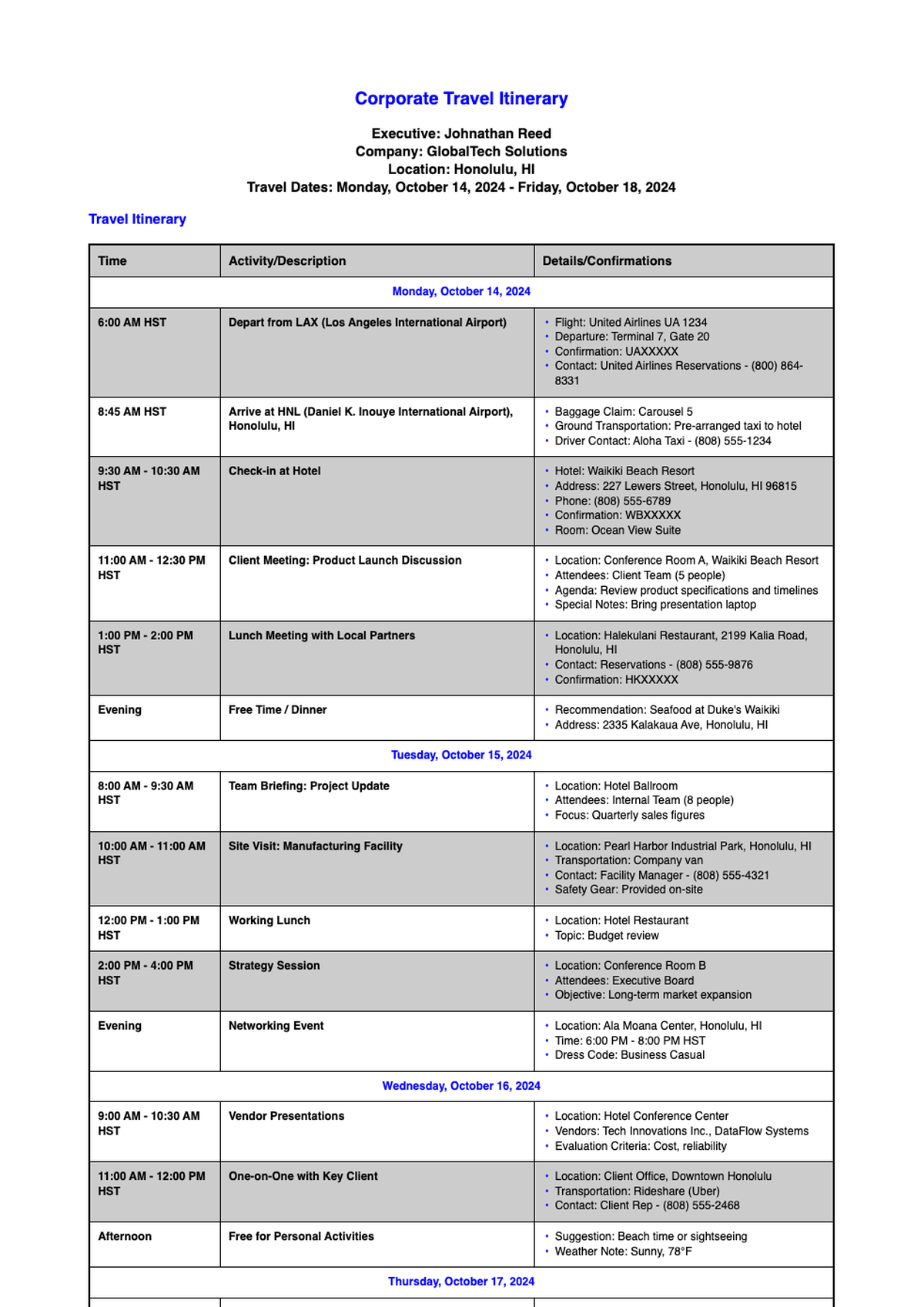 Detailed corporate travel itinerary template with schedule and contact info_variant_1